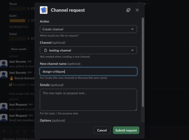 The channel request form in Slack with action and channel dropdowns, a name field, and a purpose text area